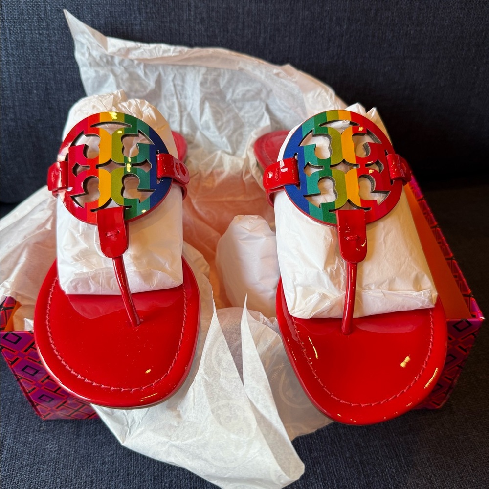 Tory Burch Miller Sandals in Red with Rainbow Logo